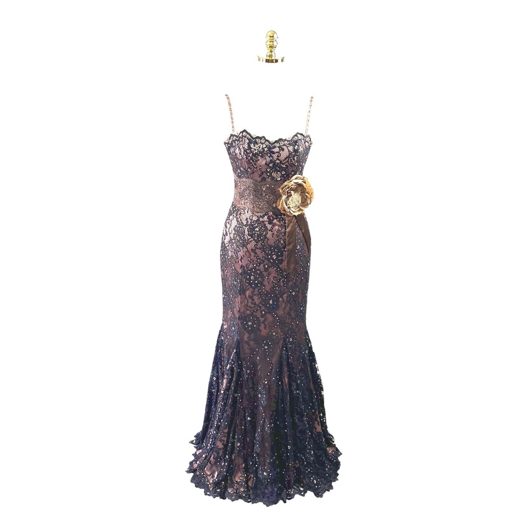 NWT VTG Mandalay Blk Camellia Mermaid Lace Sequin Gown 6 Dusty Rose Satin Fairy